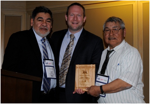 Luis Manzo, Director of Lands, KIA, Jim Paterson, CEO, Kivalliq Energy Corporation, and Raymond Ningeocheak, Vice President, KIA, at the 2012 PDAC Conference in Toronto, Canada