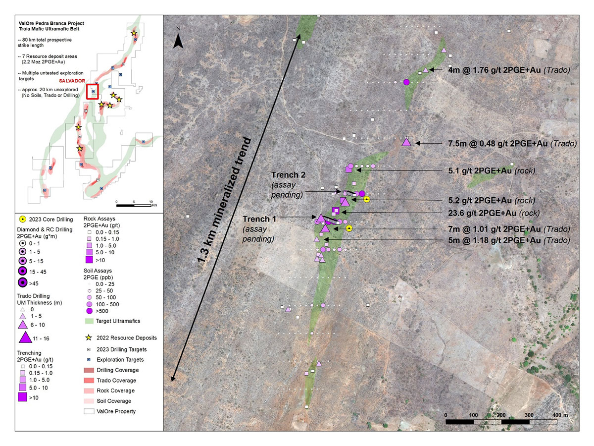 Figure 5: Salvador target plan map, highlighting location of mineralized Trado and rock samples and 2023 drill holes. 