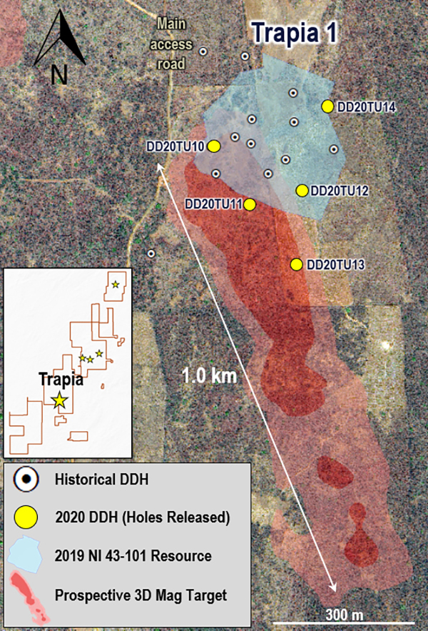 Trapia 1 Target with Location of 2020 Drill Holes, Resource and 3D Mag Inversion Target