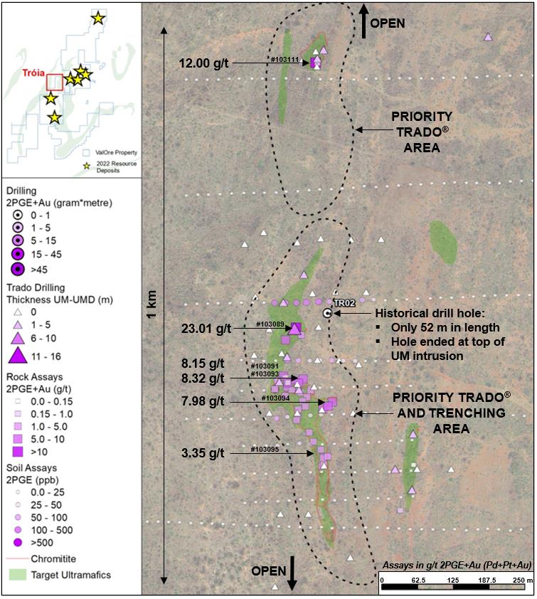Tróia target plan map with high-grade rock samples highlighted