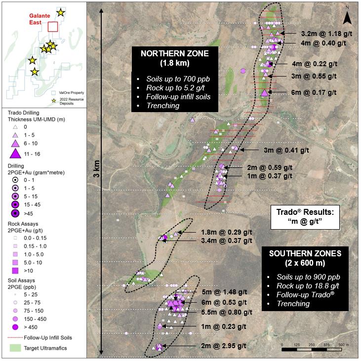 Galante East target plan map with highlights of the first phase of geochemistry